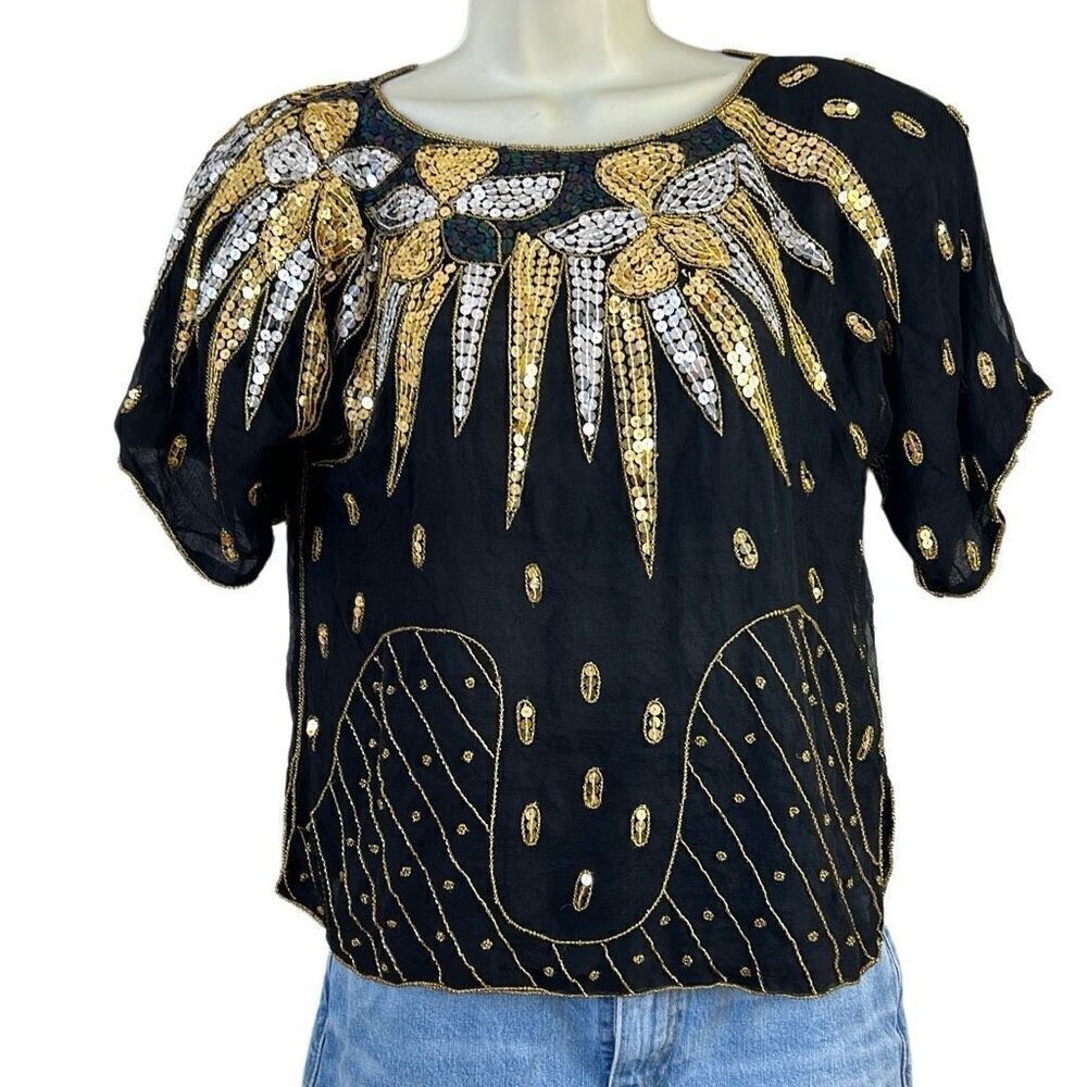 Vintage 70’s 100% Silk Beaded and Sequins Disco Blouse Size Small